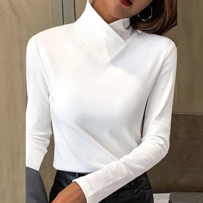 Spring Autumn Basic Shirt Women Elegant Turtleneck Long Sleeve Casual T-shirts Fashion Women Office Shirt Tops White