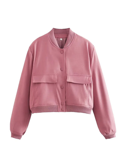 TRAF Women's Bomber Jacket Long Sleeve Coat with Pockets Retro Front Button Jacket Elegant High Street Jacket New Jacket Tops
