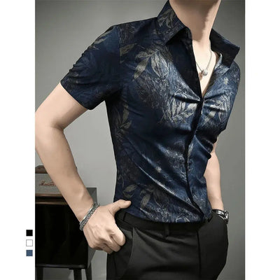 Men's short-sleeved shirt, summer slim-fit handsome fashion ice silk shirt trendy and unique print
