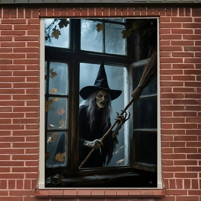 The Halloween party of the haunted house witch in the window, the witch wearing a hat and a broom emerging from the foggy window