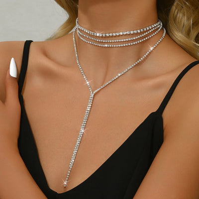 1 piece women's fashion multi-layered tassel necklace with black rhinestones long snake bone chain necklace for women's daily we