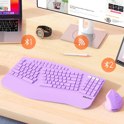 Ergonomic Wireless Keyboard Mouse Combo with Wrist Rest, 2.4G Bluetooth Dual Mode, Silent Click, Multimedia Keys for Office/Home