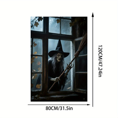 The Halloween party of the haunted house witch in the window, the witch wearing a hat and a broom emerging from the foggy window