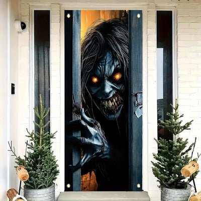 One Halloween door decoration, a terrifying zombie peeping banner, eerie monsters, a front door curtain, terrifying decorations