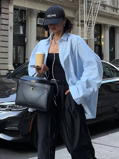 MUJER 2025 Blue Oversize Shirt Women Button up Shirts and Blouses for Women Long Sleeve Casual Women Shirt Semi Sheer Women Tops