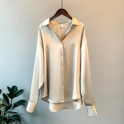Women Shirt Turn-down Collar Solid Color Satin Blouses Fashion Autumn Office Lady Elegant Tops Spring Long Sleeve Clothing