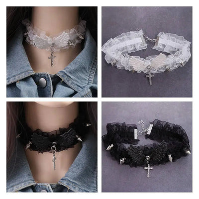 Lolita Solid Color Women's Necklace Angel Wings Wide Lace Lace Choker Cool Punk Style Leather Necklace Gift