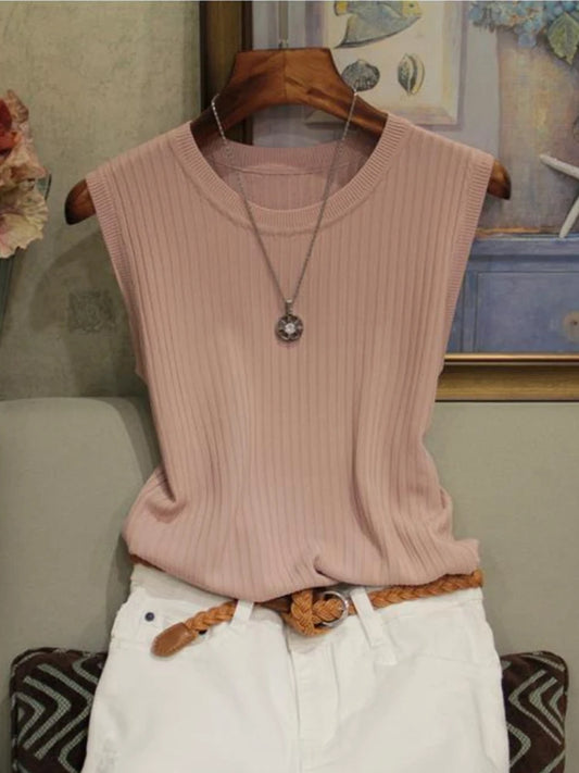 Korea Knitted Vests Women Top Summer Sleeveless Blouse Women O-neck Knitted Blouse Shirt Women Clothes Women Tops 2025