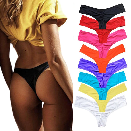 Fashion Ladies Thong Swim Trunks Multiple Colors Solid Color Pleated Thong Swimwear Women Swim Trunks Bikini Swimwear