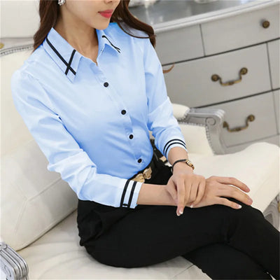 Women's Shirt For Office Formal Wear White Blue Long-sleeved Slim Blouse Fit Female Shirt Turn-down Collar Solid Color Tops