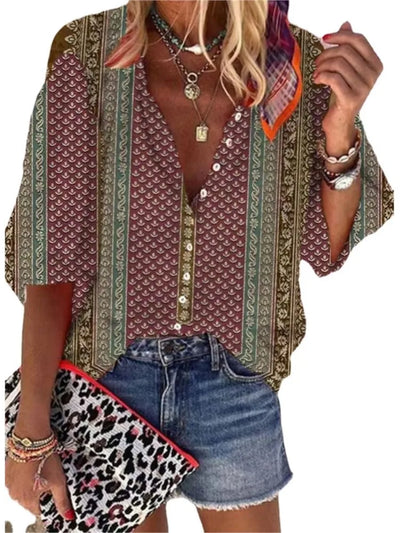 Women's Shirts & Blouses Spring Summer New Fashion Vintage Printed Casual Vacation Bohemian Style Lady Single-breasted Shirt Top