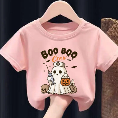 Halloween Print  A Stylish Children's T-shirt with A Printed Imagination Cartoon  Pattern Featuring A Round Neck