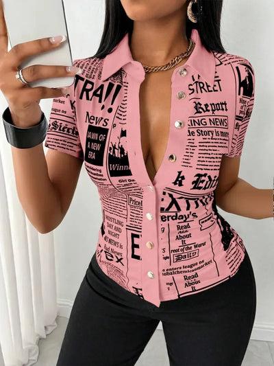 Women's Elegant Blouses Summer Fashion Newspaper Pattern Print Single Breasted Short Sleeve Women Shirt V-neck Casual Tops Shirt