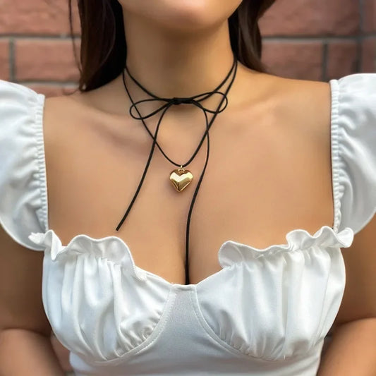 Adjustable Layered Heart Pendant Necklace Knotted Bowknot Rope Choker Neck Tie Chain Fashion Elegant Clavicle Necklace Jewelry