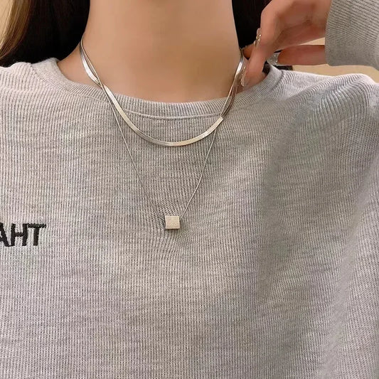 Double-layer small square round snake necklace women's high-end design sense clavicle chain