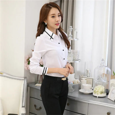 Women's Shirt For Office Formal Wear White Blue Long-sleeved Slim Blouse Fit Female Shirt Turn-down Collar Solid Color Tops