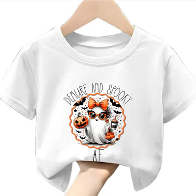 Halloween Print  A Stylish Children's T-shirt with A Printed Imagination Cartoon  Pattern Featuring A Round Neck