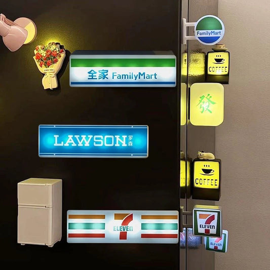 Creative Magnetic Fridge Stickers Coffee Shop 711 Luminous Label Convenience Store Signs Refrigerator Sticker Kitchen Decoration