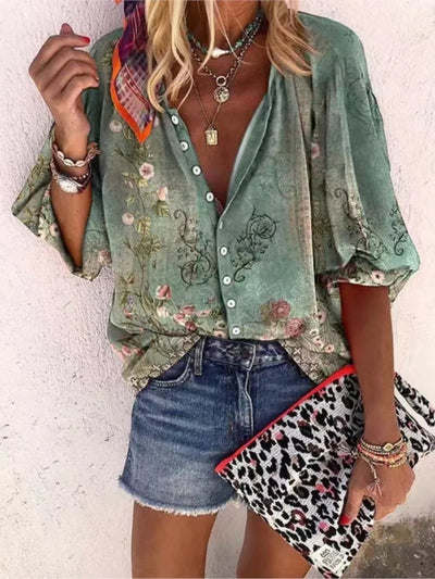 Women's Shirts & Blouses Spring Summer New Fashion Vintage Printed Casual Vacation Bohemian Style Lady Single-breasted Shirt Top