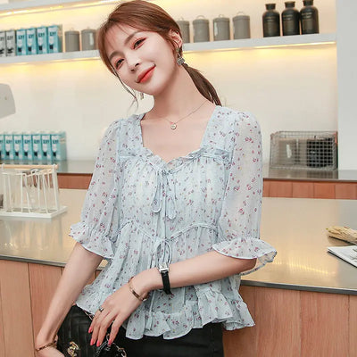 Camisas y blusas para mujer Top sencillo con volantes y estampado Nueva colección 2024 Moda coreana Novedades de verano con estilo Talla M