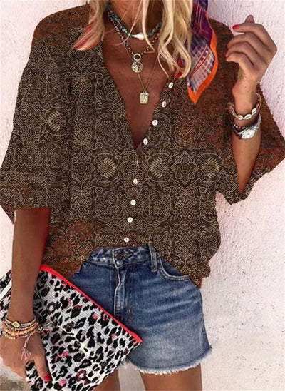 Women's Shirts & Blouses Spring Summer New Fashion Vintage Printed Casual Vacation Bohemian Style Lady Single-breasted Shirt Top