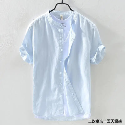 Short-sleeved Shirt Men's Stand Collar Loose Retro Thin Breathable Versatile Inch Clothes Dark Blue Cotton Linen Simple Casual