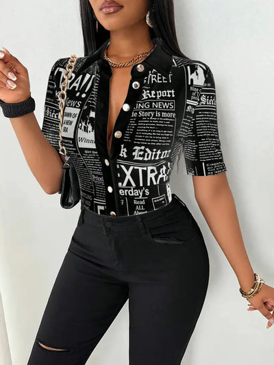 Women's Elegant Blouses Summer Fashion Newspaper Pattern Print Single Breasted Short Sleeve Women Shirt V-neck Casual Tops Shirt