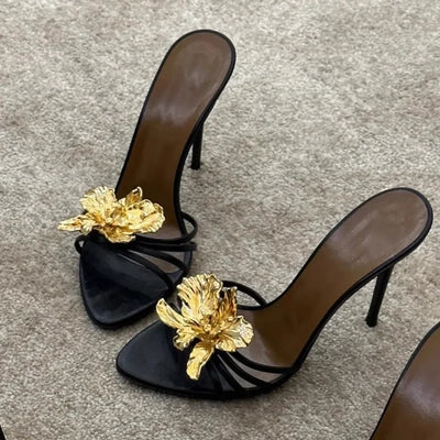 High-heeled Sandals for Women Fashion Pointed Head Shallow Mouth Crystal Flower Set Foot Anti-slip Wear Slippers