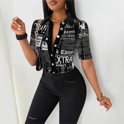 Women's Elegant Blouses Summer Fashion Newspaper Pattern Print Single Breasted Short Sleeve Women Shirt V-neck Casual Tops Shirt