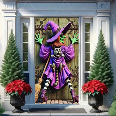 Horror Halloween Theme Background Vertical Hanging Cloth Door Decoration Witch  Bat Backdrop Supplies Room Decor Props Kid Gifts