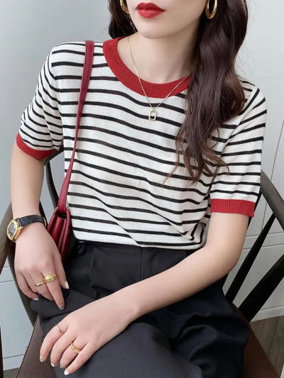2025 Stripe Tops Women Knitted Round Collar Summer Print Short Sleeve Casual Simple Wild T-Shirt