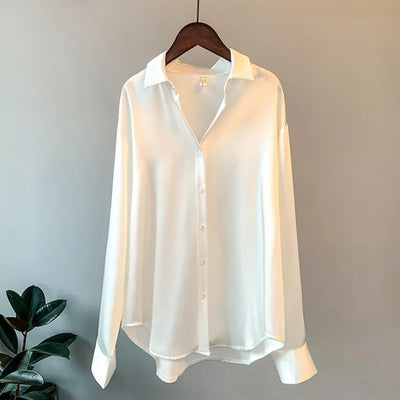 Women Shirt Turn-down Collar Solid Color Satin Blouses Fashion Autumn Office Lady Elegant Tops Spring Long Sleeve Clothing