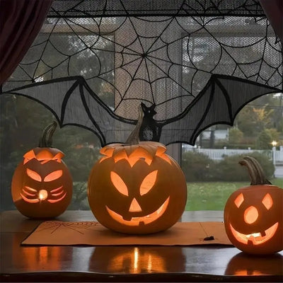 New Halloween Lace Curtain Gothic Bat Tablecloth Fireplace Scarf Window Cover For Party Home Decoration Cobweb Halloween