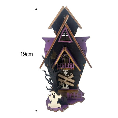 3D Wooden Halloween Puzzle DIY Haunted House Kit with Light-up Ghosts Halloween Party Centerpiece Interactive Decoration