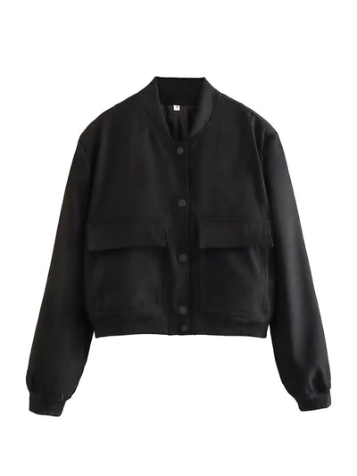 TRAF Women's Bomber Jacket Long Sleeve Coat with Pockets Retro Front Button Jacket Elegant High Street Jacket New Jacket Tops