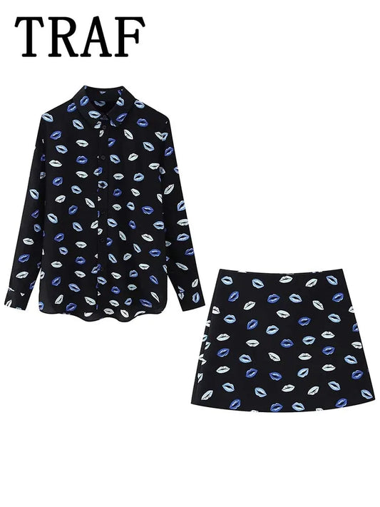 2024 Printed Women Mini Skirt Sets For Women 2 Pieces Long Sleeve Shirts Top Women Suits New Two Piece Set Women Outfit