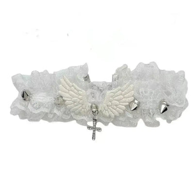 Lolita Solid Color Women's Necklace Angel Wings Wide Lace Lace Choker Cool Punk Style Leather Necklace Gift
