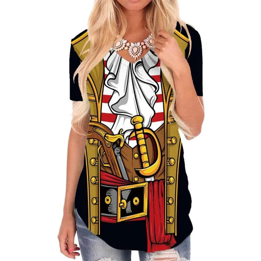 Pirate Shirt Costume Women V Collar Fun 3D Print Graphic Novelty Clothing