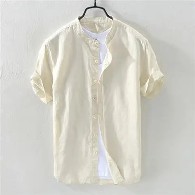 Short-sleeved Shirt Men's Stand Collar Loose Retro Thin Breathable Versatile Inch Clothes Dark Blue Cotton Linen Simple Casual