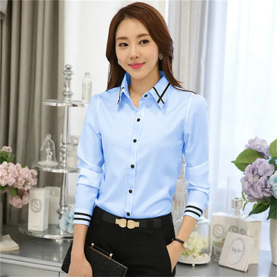Women's Shirt For Office Formal Wear White Blue Long-sleeved Slim Blouse Fit Female Shirt Turn-down Collar Solid Color Tops