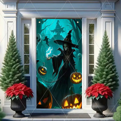 Horror Halloween Theme Background Vertical Hanging Cloth Door Decoration Witch  Bat Backdrop Supplies Room Decor Props Kid Gifts
