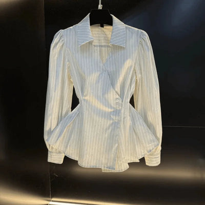 Blusas de mujer con cuello vuelto, manga larga, rayas Y2k, ropa de calle, elegante, empalme, cintura alta, ajustadas, para trabajo, 2025