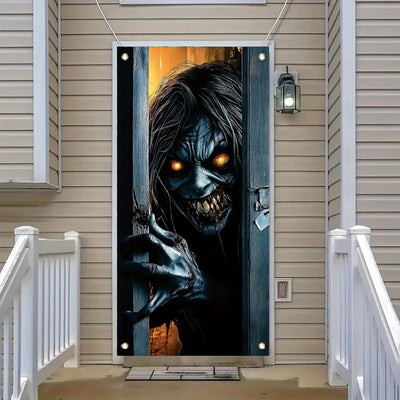 One Halloween door decoration, a terrifying zombie peeping banner, eerie monsters, a front door curtain, terrifying decorations