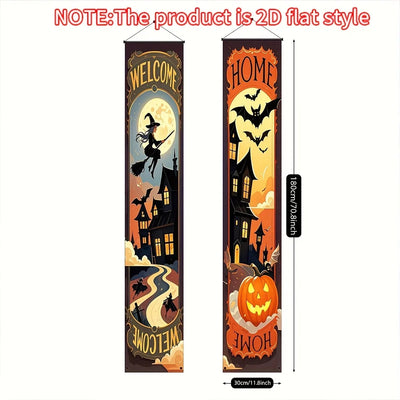 Two Halloween welcome signs - terrifying outdoor decorations featuring bats, witch hats and pumpkin lanterns