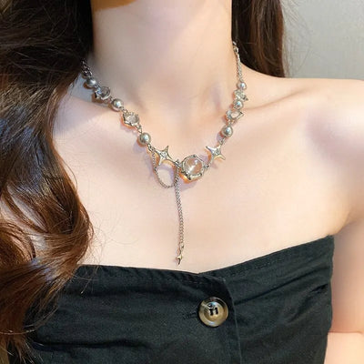 Women Thorn Desin Choker Necklace Fairy Glass Opal Necklace Collarbone Chain Necklace Elegant Silver-Color Party Choker