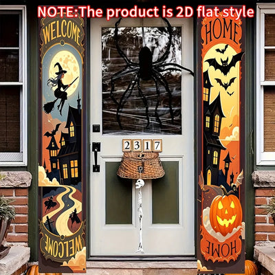Two Halloween welcome signs - terrifying outdoor decorations featuring bats, witch hats and pumpkin lanterns