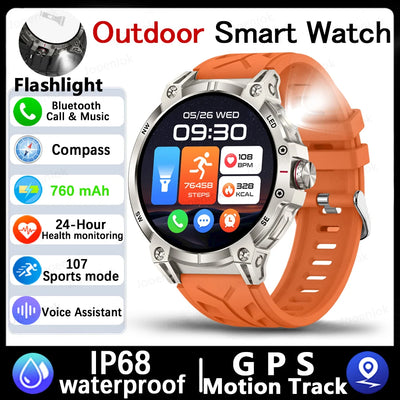 Military Smart Watch Men 760mAh Large Battery LED Flashlight Compass 1.8