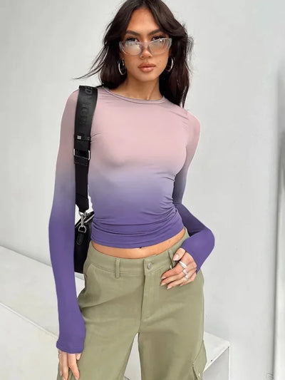 Gradient Color T Shirts For Women Aesthetic Clothes Long Sleeve Crop Top Y2k Accessories O-neck Tshirt Slim Fit Ropa De Mujer