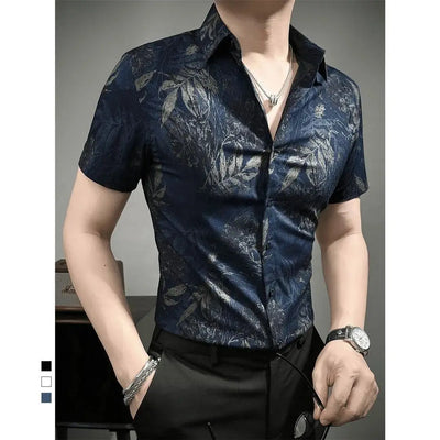 Men's short-sleeved shirt, summer slim-fit handsome fashion ice silk shirt trendy and unique print