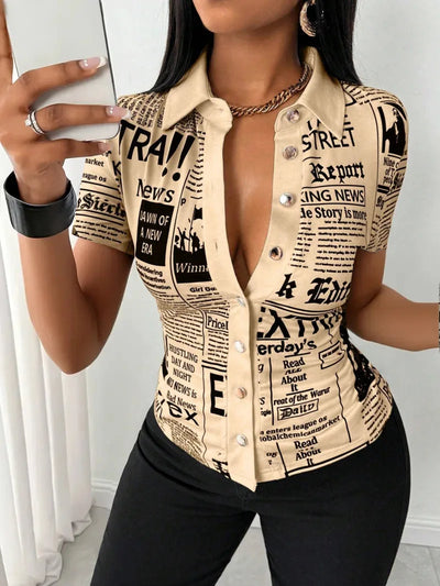 Women's Elegant Blouses Summer Fashion Newspaper Pattern Print Single Breasted Short Sleeve Women Shirt V-neck Casual Tops Shirt